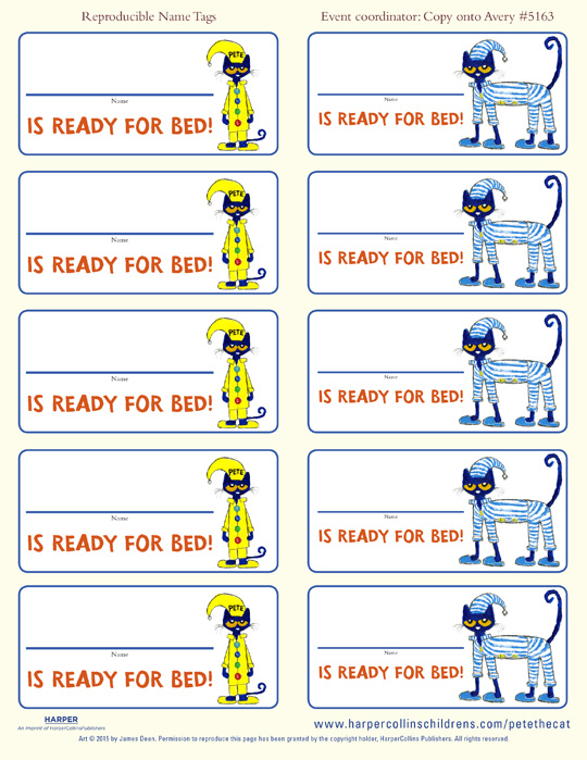 Pete the Cat and the Bedtime Blues: Name Tags